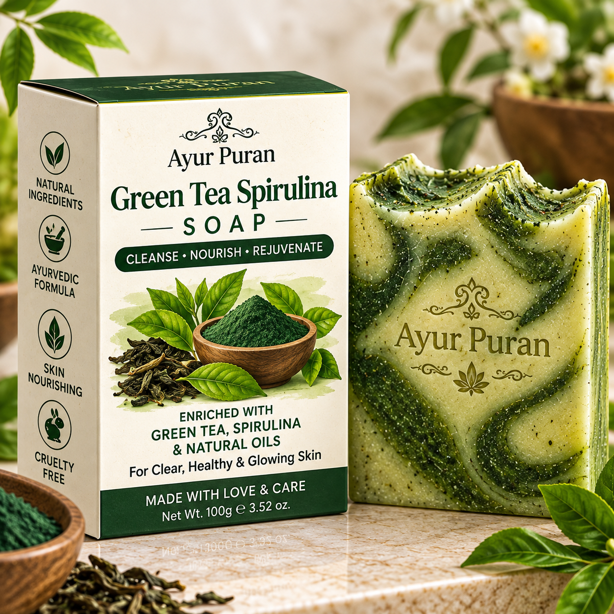Green Tea Spirulina Soap - AyurPuran Ayurvedic Product